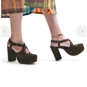 Rachel Comey BALLAST HEEL - Dark Brown Suede Platform Mary Jane Heels w Gold